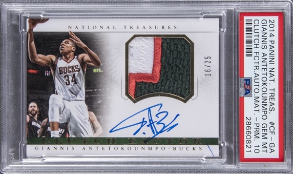 2014-15 Panini National Treasures Clutch Factor Autographs #CF-GA Giannis Antetokounmpo Signed Game Used Patch Card (#16/25) - PSA GEM MT 10